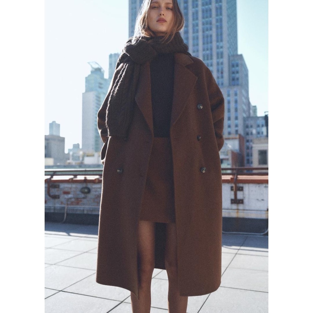 Mango Brown Double-Breasted Oversized Coat